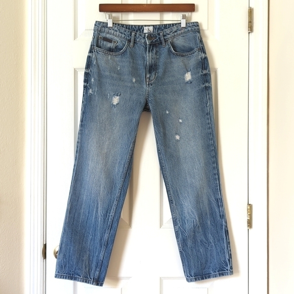 Calvin Klein Jeans Denim - Calvin Klein Jeans Retro Medium Wash High Rise Distressed Straight Leg Jeans 30